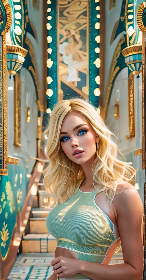 ((( medium blonde hair ))) (Perfect white blonde girl (1)), ((blue eye)) , (eye makeup: 1.1),(highly detailed skin: 1.1), (full raised breasts 0.5), ((perfect body)), realistic photorealistic detailed face, soft-lighting, Style Model shoot, professional ph...