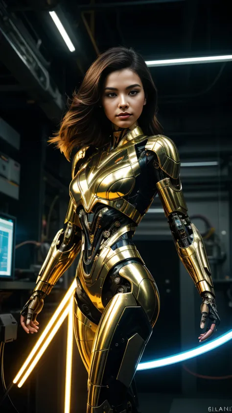 A sleek, futuristic cyborg woman stands in a dimly lit, high-tech lab. Her skin is a seamless blend of synthetic material and human-like flesh, gleaming with a metallic sheen. Her eyes, glowing a soft blue, reveal a world of advanced technology beneath her...