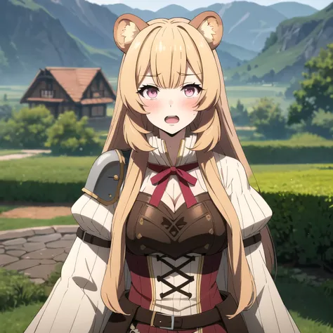 Raphtalia woman , blonde, blonde hair , bear ears, pink eyes, Red face, open mouth , blush, view on his chest, Big Breasts, selfie , metal chest. background a fantasy village.
