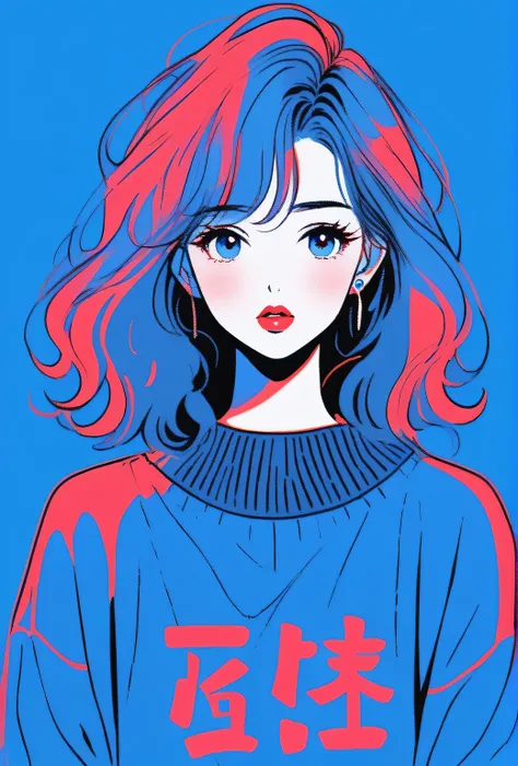 Illustrator, Japanese cartoons , actual ,sketch , 1 girl, ,lips, sweater,Order, Blue gradient background, Neon hair,textured crops, Canadian, (masterpiece,best quality)