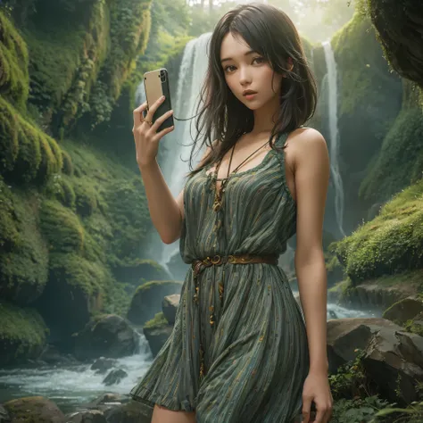 waterfall conveys four adventurers natural fantasy landscape fairy green, golden ratio, animated detail, delicate, quixelmegasca...