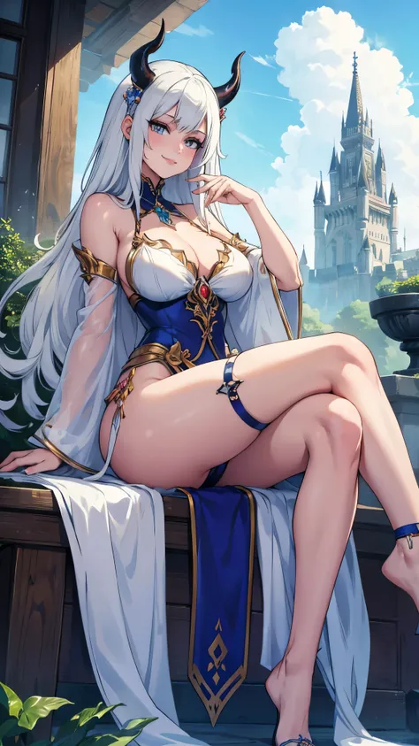 anime picture of a woman in a white bikini , ((a beautiful fantasy demoness), goddess  lady of silver castle, shadowverse style, high detailed official artwork, portrait of magical woman, official art, white haired deity,  evil smile , white horn , very lo...