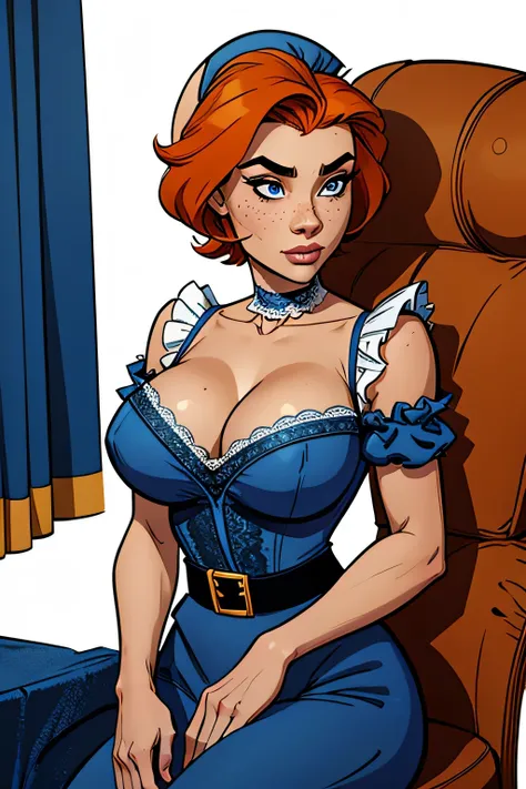 Slim and athletic woman, 25 years, 8k ((high definition)), sigh, seductive look, blue eyes, wearing blue dress ((with v-neckline, lace and short puff sleeves)), black belt, arms positioned at the sides of the body, white skin, straight orange hair ((should...