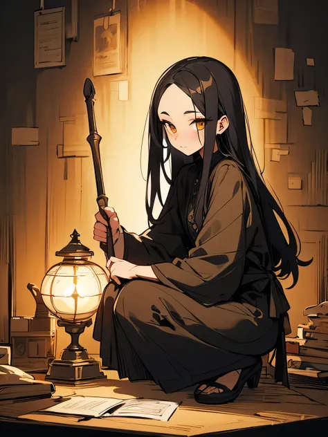 sideview,solo, (looking at viewer:1.3),(squatting), long thin straight black hair, (big forehead), 30 years old, older sisters facial features, makeup, eyelash, eye shadow, cheeks, black gothic witch long dress, ancient coal stove, mixing witchs medicine d...