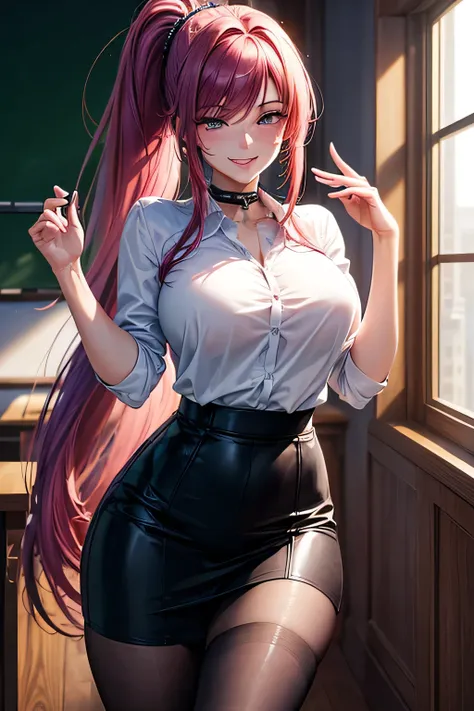 ((best quality)), ((masterpiece)), (detailed), 1girl , ((best quality)), ((masterpiece)), (masterpiece), long magenta hair , ponytail hair , slim body, elegant mature women, bautiful detailed hair violet eyes, smile, gorgeous face, blush face; ultra detail...