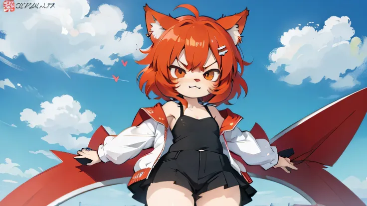 chibi anime girl ,short red hair and red furry cat ear ,with angry face.