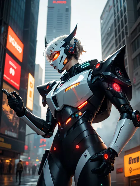 1girl, a beautiful girl cyborg cyberpunk with a cyberpunk city tall buildings, white hair, cybermask, white and orange and black machine suit color combination, the body full of machine, realistic futuristic hologram, asian skin tone, beautiful eye, beauti...