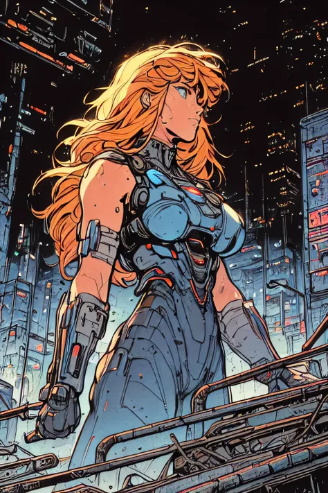 Masterpiece, professional, award-winning, intricate details, ultra high detailed, 64k, volumetric light, dynamic lighting, Movie Aesthetic, action shot, style by Travis Charest and Phil Noto (colored), ((Cyberpunk future)), image of the center of a cyberpu...