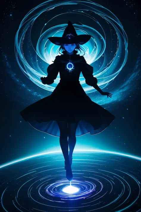 **A FLYING WITCH emerges from a swirling vortex of BLACK AND DEEP BLUE chromatic dust, rendered in a bioluminescent dreamscape style with hints of cyber impressionism. --ar 3:2 --style raw**