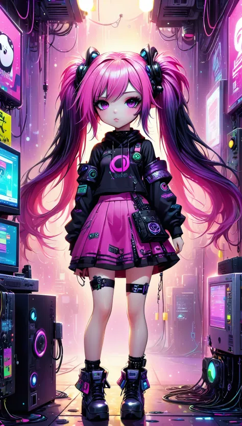 anime style:1.6, full body, leaning on a pair with pissing signs, 1 cyber goth girl, long hair in a pink color with a gradient o...