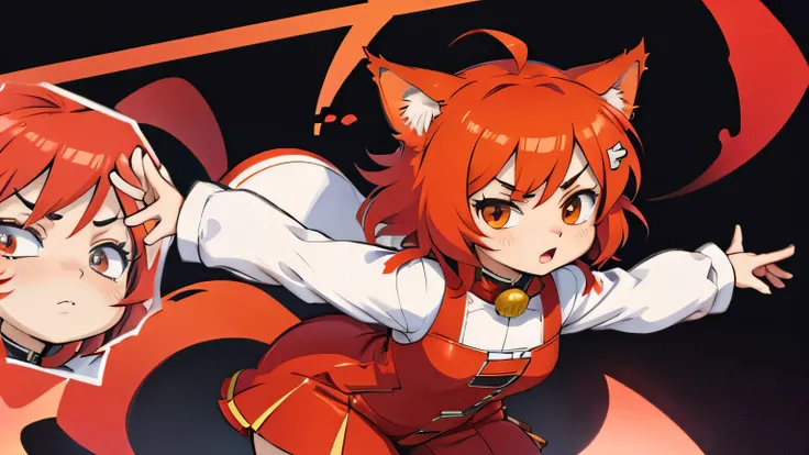 chibi anime girl ,short red hair and red furry cat ear , dancing.