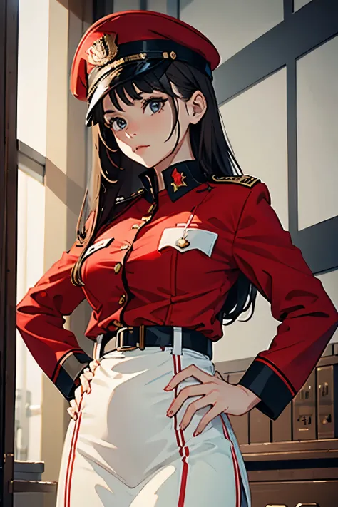 Girl in red and white military uniform 