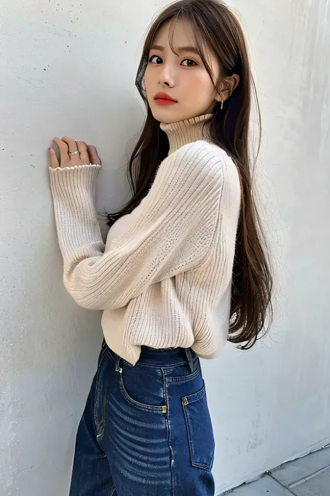 Best Quality, 1 Beautiful Woman, 2, S, 35mm Lens,, Cowboy Shot, Concrete Background、Mortar style background、Turtleneck knitwear、Light Brown、Mortar wall,From below、Straight Hair、Straight Hair、Shiny Hair,Smooth Hair、Adidas jersey、Denim pants