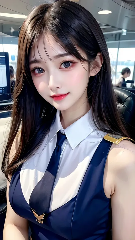 Beautiful flight attendant、Cute female flight attendant、Elegant flight attendant、Detailed face and eyes、Long eyelashes、Beautiful Lips、Cute Smile、Professional uniform、young woman、Detailed fabrics and textures、Indoor airport environment、Soft lighting、Subtle ...