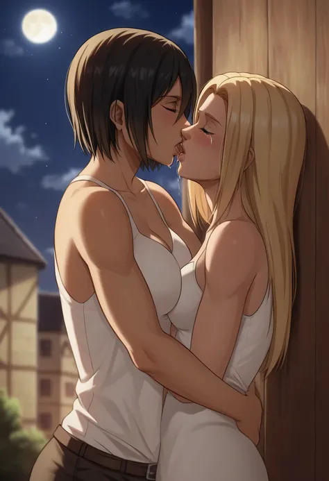 score_9, score_8_up, score_7_up, BREAK source_anime, historia reiss, blue eyes, blonde hair, long hair, medium breasts, long white dress sleeveless,female black hair soldier hugs historia,Mikasa with historia hugs,mikasa wreanig black sport bra and black c...