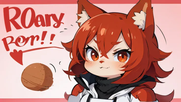 chibi anime girl ,short red hair and red furry cat ear