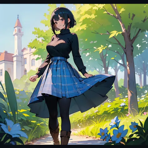 (high quality, High resolution, Very detailed, reality:1.37), Peaceful atmosphere, (Outdoor, garden), Teenage girl standing alone, (My breasts are large.), Beautiful details, Cute Smile, (Black bob hair), Ribbed sweater, Blue plaid skirt, Black tights, Bro...