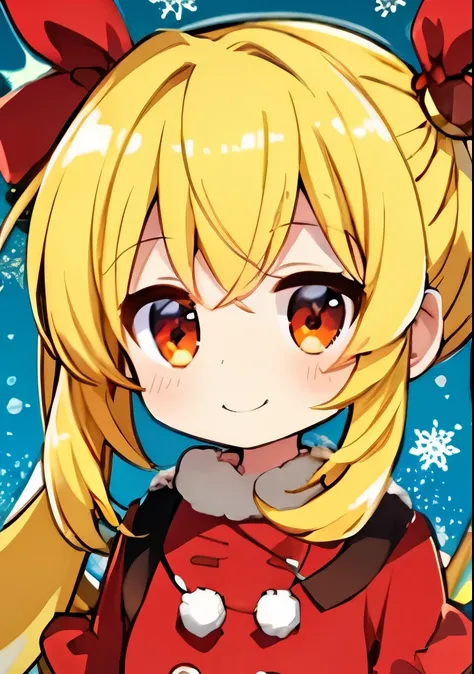 Bright Tones, High Quality, Best Quality, One Girl, Spotlight on face, Close-up of upper body, Idyllic cartoon character, Short twin-tail with red ribbon, Cute face, Big smile, Kind eyes, Lovely face, Cheerful look, Beautiful blonde short twin-tail, Sparkl...