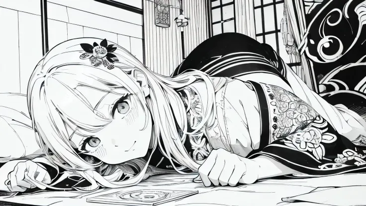 (Black and white coloring book: 1.5), Line art, masterpiece, Best Quality, Very detailed, High resolution, Very detailed snow scene, (Clear lines for the eyes),The hair is white, Traditional Japanese kotatsu and cat, Snow scene in the background, Detailed ...