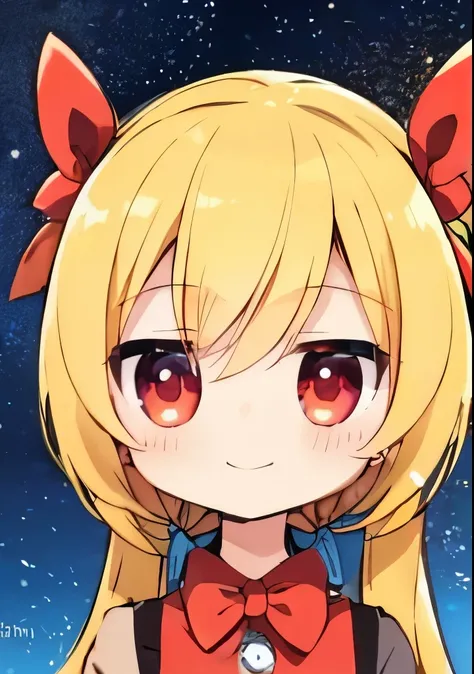 Bright Tones, High Quality, Best Quality, One Girl, Spotlight on face, Close-up of upper body, Idyllic cartoon character, Short twin-tail with red ribbon, Cute face, Big smile, Kind eyes, Lovely face, Cheerful look, Beautiful blonde short twin-tail, Sparkl...