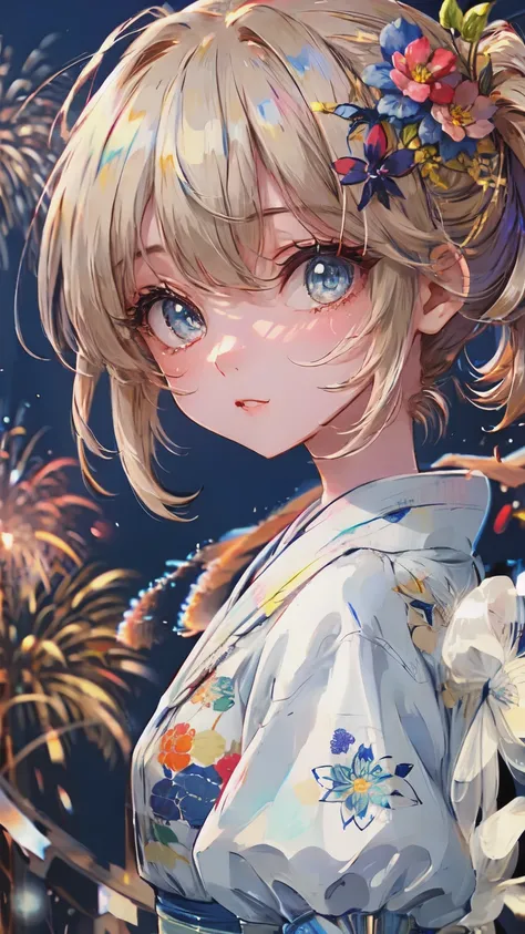 ((masterpiece, Highest quality, Super Definition, High definition)), alone, beautiful girl, Shining Eyes, Perfect Eyes, , Blue Theme, Yukata, firework