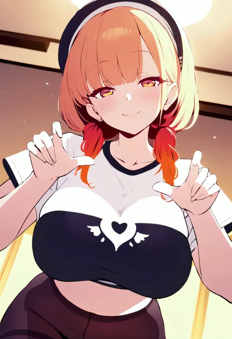 (masterpiece) best quality, heart-shaped face, perfect round yellow eyes, long orange hair black with red tinted ends, kanroju ayano hair style, black & white cropped top t shirt, pantyhose, D-cup breasts, smiling