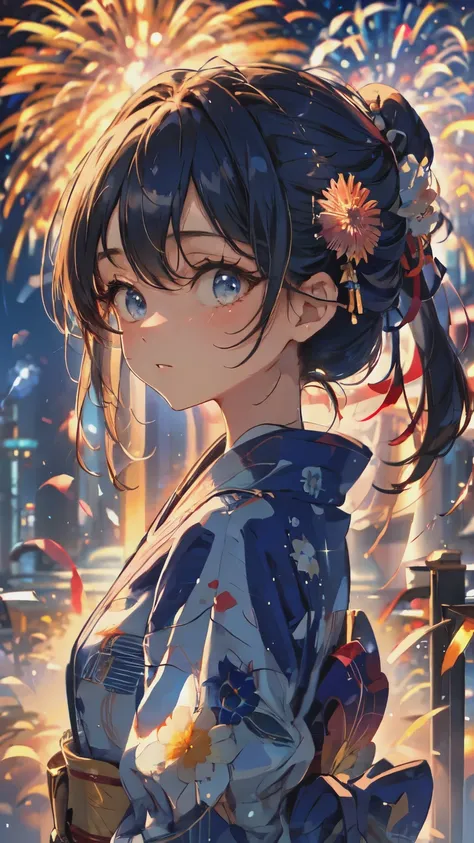 ((masterpiece, Highest quality, Super Definition, High definition)), alone, beautiful girl, Shining Eyes, Perfect Eyes, , Blue Theme, Yukata, firework