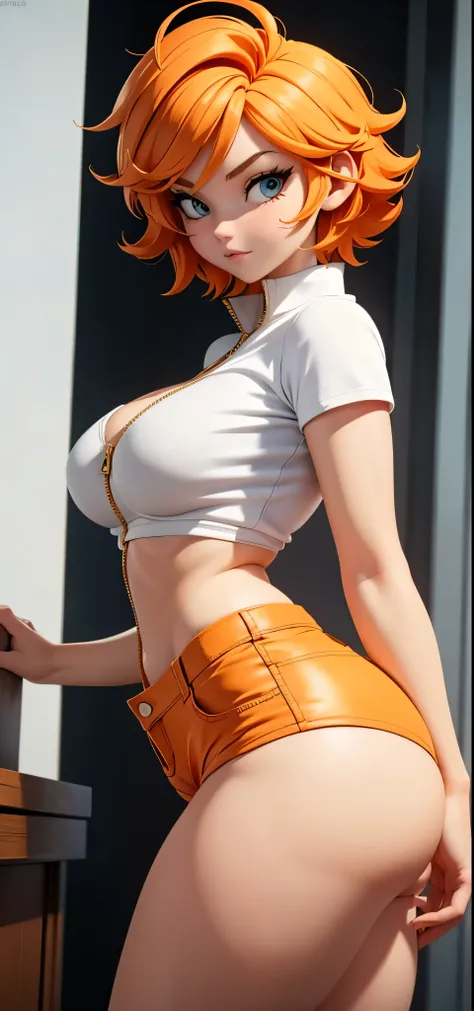 Nordic girl, white skin, medium-short height, medium orange hair, She was wearing torn shorts, a shirt with a striking gold zipper. most beautiful woman in the world, nsfw, big , big ass