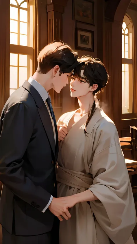 masterpiece, best quality, Practical, In the library of Alcott Manor，Alex and Nicholas share a quiet corner。A tradition of sharing book pages led Alex to《the art of love》Pass to Nicholas。When Nicholas read the verses，their relationship deepens，leading to a...