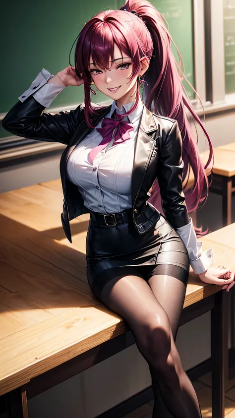 ((best quality)), ((masterpiece)), (detailed), 1girl , ((best quality)), ((masterpiece)), (masterpiece), long magenta hair , ponytail hair , slim body, elegant mature women, bautiful detailed hair violet eyes, smile, gorgeous face, blush face; ultra detail...