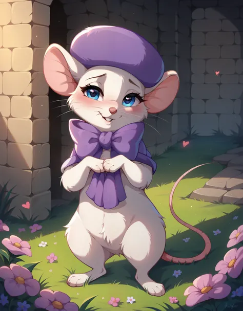 (((score_9, score_8_up, score_8, furry, female, feral))), (((solo, bianca, mouse, purple hat, purple bow, white fur, tail,))), (((whiskers, blue eyes, eye lashes, crotch tuft, white fur, chest tuft))), rodent, teeth (masterpiece, best quality, hires, high ...
