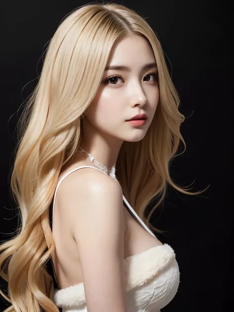 ((((blonde、Super long hair、とてもLong Hair、Fluffy Wave、Black background、blonde、Look forward、Nordic)))))))、blonde、Tabletop, Highest quality, Photorealistic, In detail, High resolution, 8k wallpaper, Perfect dynamic composition, Beautiful attention to detail, L...