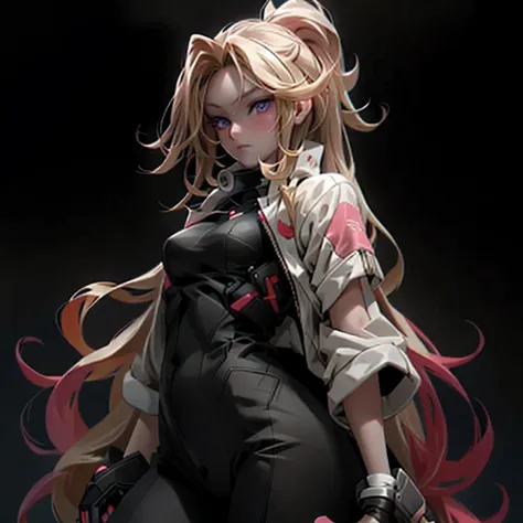 anime girl with long blonde twin tailes hair and pink eyes wearing a black leaher jacket and having a gun in her hand, blonde anime girl with long hair, detailed digital anime art, detailed anime character art, beautiful anime girl