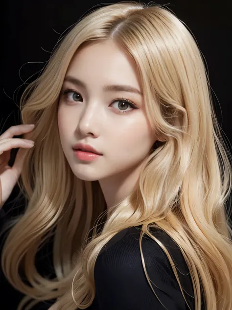((((blonde、Super long hair、とてもLong Hair、Fluffy Wave、Black background、blonde、Look forward、Nordic)))))))、blonde、Tabletop, Highest quality, Photorealistic, In detail, High resolution, 8k wallpaper, Perfect dynamic composition, Beautiful attention to detail, L...