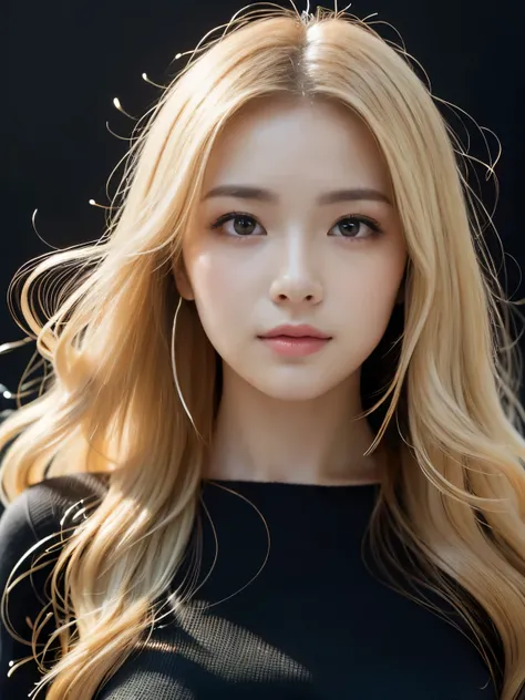 ((((blonde、Super long hair、とてもLong Hair、Fluffy Wave、Black background、blonde、Look forward、Nordic)))))))、blonde、Tabletop, Highest quality, Photorealistic, In detail, High resolution, 8k wallpaper, Perfect dynamic composition, Beautiful attention to detail, L...
