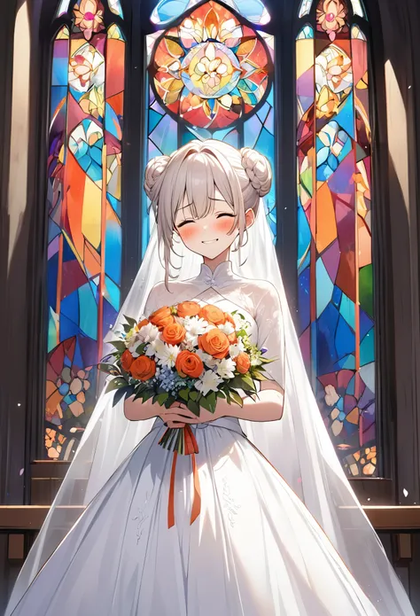 church、A beautiful Japanese woman standing in front of a large stained glass window、Pure white wedding dress、Eyes closed, embarrassed expression、Depiction of only one person、Holding a bouquet of flowers in both hands、Her hair is in a bun and she has a cape...