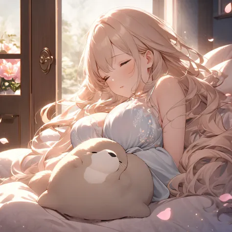 (Highest quality,High resolution),woman (Sleep soundly,door),Sheer nightgown,Beautiful calm face,Long Wavy Hair,Serene atmosphere,Soft Light,A bedroom decorated with vibrant flowers,Comfortable bed,Luxurious pillows and blankets,Fragrant flowers,Delicate p...