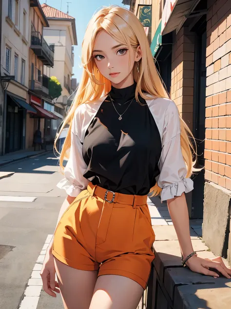 a girl with low-cut blouse, medium breasts, orange shorts, long stockings, flirtatious look, very well detailed, cityscape or academy, Masterpiece, best quality, A beautiful woman with light hair, bishamon from noragami, ((olhos purpuras)), olhos hiperdeta...