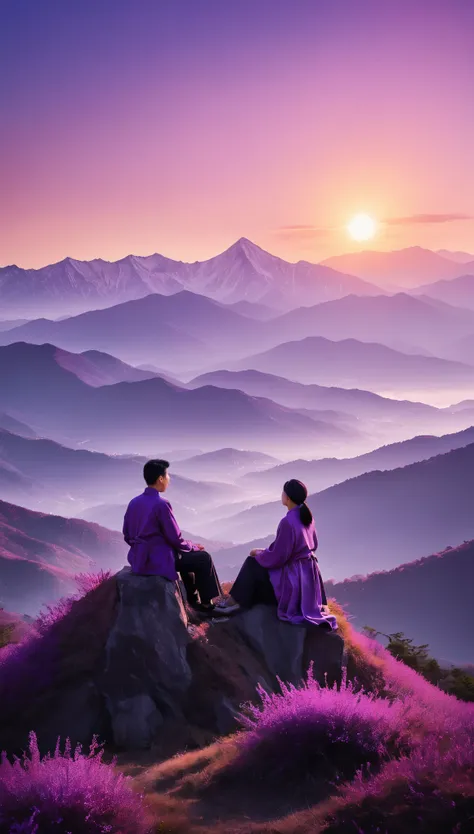 ultra-high resolution、ultra hd、8k、two people engaged in deep conversation atop a magnificent purple mountain、the sun begins to s...