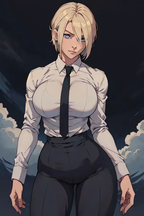 girl with short blonde hair, blue eyes, wearing a white dress shirt, breasts, with a black tie, defined body, wearing black dres...