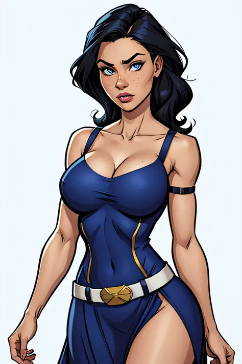 Slim and athletic woman (rogue x-men), 25 years, 8k ((high definition)), series, sighing and seductive look, blue eyes, wearing flowered dress ((with V-neck and straps)), white belt, arms positioned at the sides of the body, white skin, black curly hair ((...