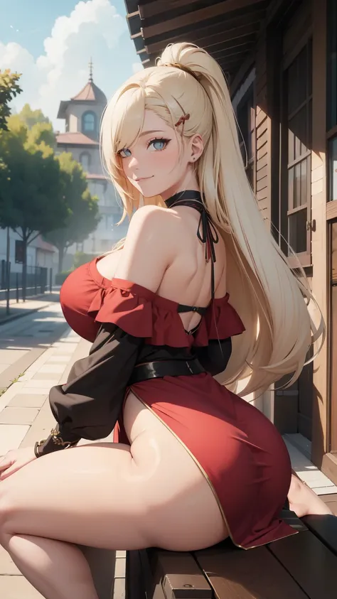 "Extremely detailed CG Unity 8K wallpapers，Ino yamanak, Goddess of beauty, SKIRT, SITTING, PHOTOGRAPH FROM BELOW, focus on ass, masterpiece，outdoors，charming，best picture quality，Volumetric light，Blonde，Face turned red，Smile，Off the shoulder dress，Bangs co...