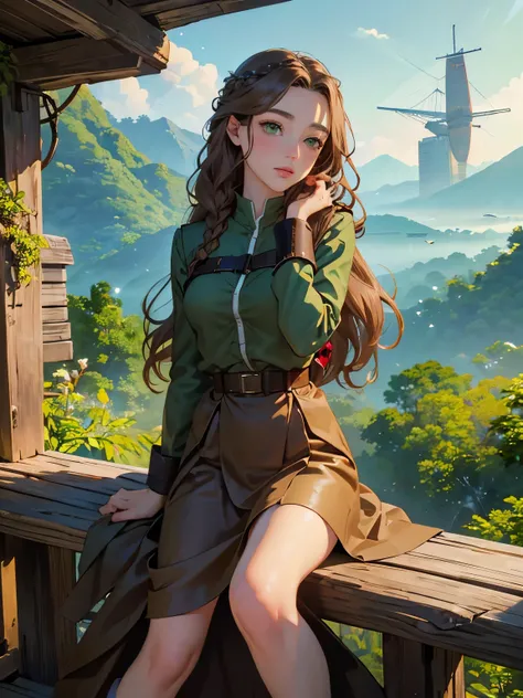 1 girl, solo, cute, looking at viewer, full body, beautiful body, blush, (brown long crown braided wavy hair), (small breast), (green eyes), very life-like eyes, stylish military uniform, leather and fabric combinations, beautiful environment, highly detai...