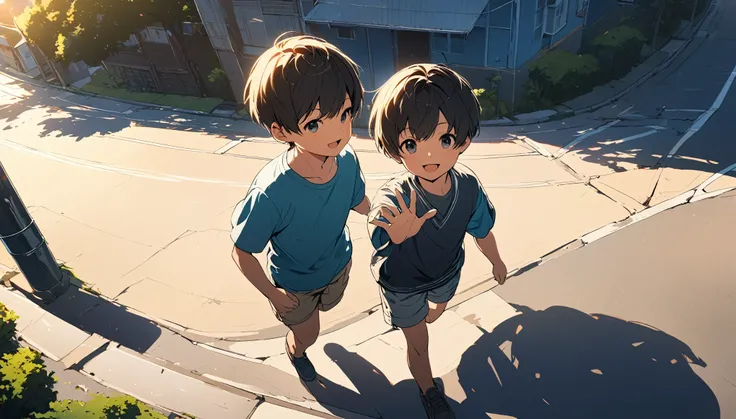 (1boy), , solo, (shota), (little boy), ((elementary school boy)), walking, (wave hand), short hair, short sleeveless shirt, short shorts, pixie cut hair, half open mouth, (residential street), morning, sunrise, natural lighting, happy smile, best quality, ...