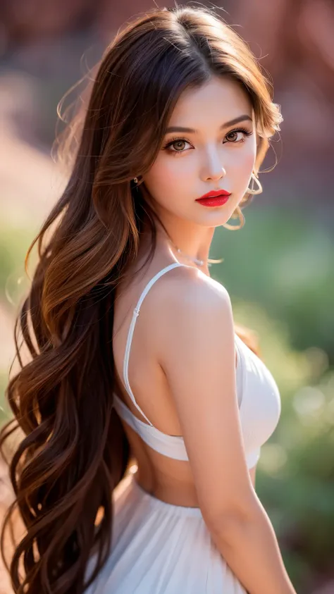 Beautiful Female Hair Portrait Photography by JoSkriver , Double Bang,  Zion National Park hiking trails, Bright red lips, (masterpiece) (Best Quality) (detailed) (8k) (High resolution) (wallpaper) (Cinema Lighting) (Sharp focus) (Complex)