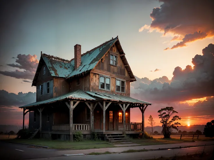 An old worn out house, with its wooden facade worn by time and neglect, It is wrapped in vines that have claimed it as their own. An antique 1934 Ford Coupe, whose once elegant lines are now rusty and faded, It is found abandoned in the driveway. In the fo...