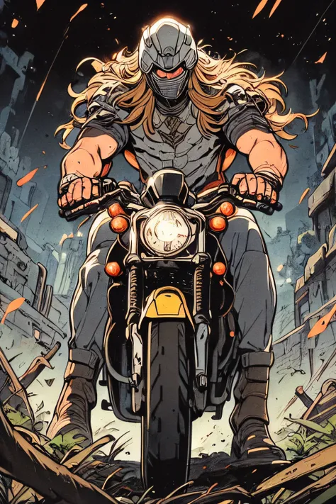 Masterpiece, professional, award-winning, intricate details, ultra high detailed, 64k, volumetric light, dynamic lighting, Movie Aesthetic, action shot, style by Travis Charest and Phil Noto (colored). THe raider is riding a yellow BMW M1000RR Superbike, s...