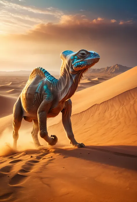 A desert landscape with giant sand dunes, a cute and detailed chameleon in the foreground and its accompanied by a huge and adorable camel, masterpiece, photorealistic, 8k, hyper detailed, cinematic lighting, vibrant colors, natural environment, arid clima...