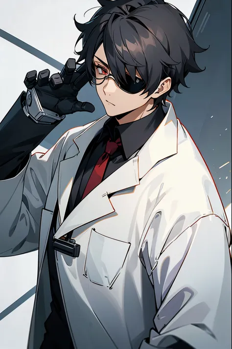 male, black hair, labcoat, glasses, scientist background, robo eyepatch