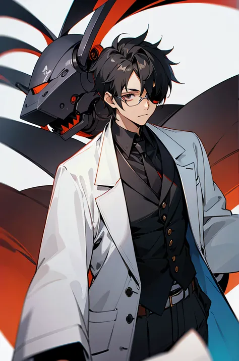 male, black hair, labcoat, glasses, scientist background, robo eyepatch